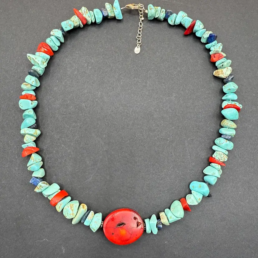.925 ATI China Turquoise Coral And Lapis Lazuli Chocker Necklace