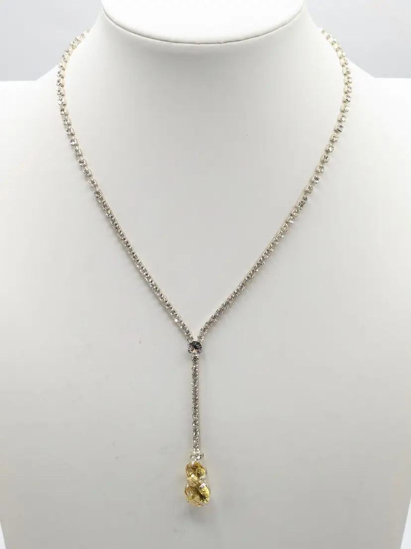 Citrine Color Gems with Rhinestones Lariat Necklace Silver Tone