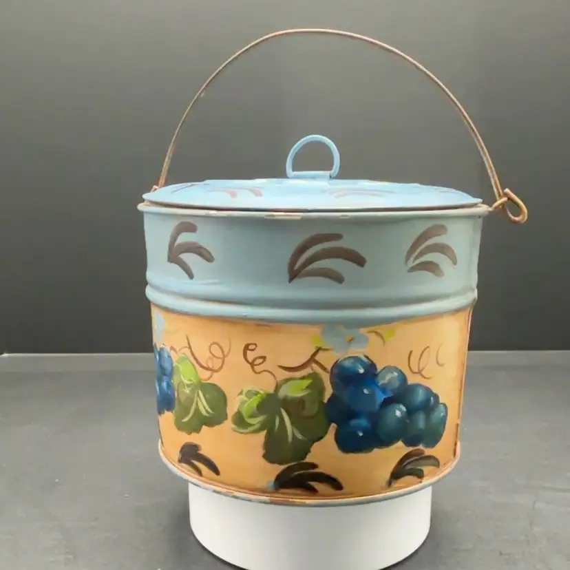 Rustic Grape Toleware Lidded Bucket | Vintage