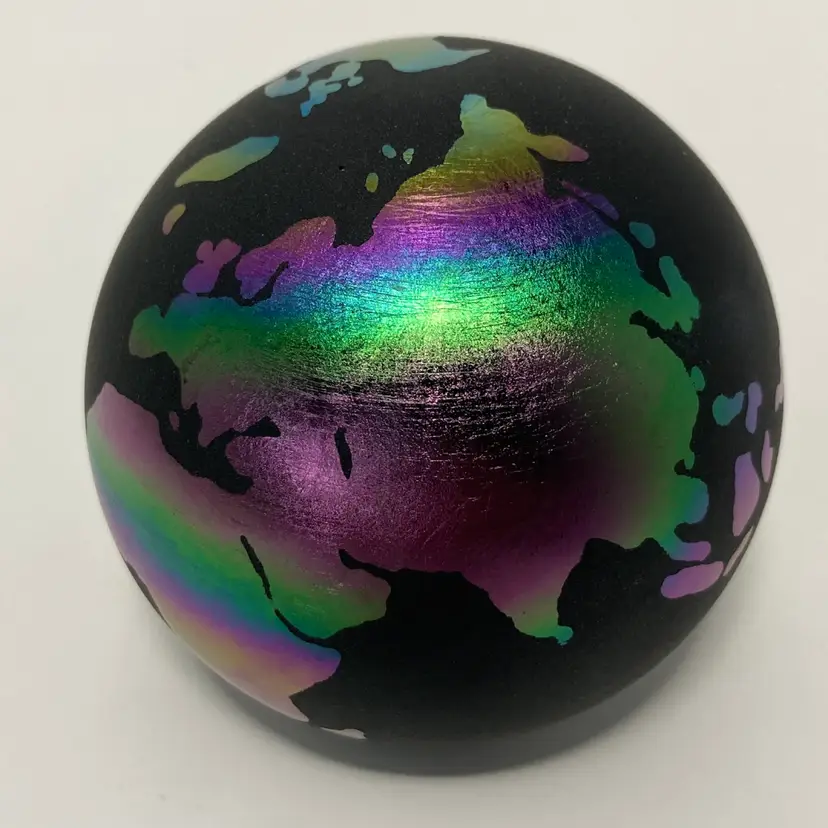 Glass Act Studio Frosted Black Matte Iridescent World Globe Earth Paperweight! 3” Tall x 3” Wide!