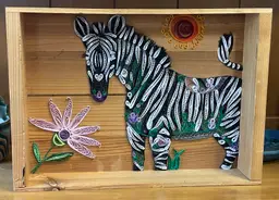 Quilled zebra, flower and sun in 15 x 10.5” x 3” cedar box.