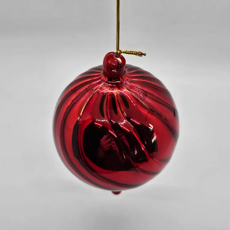 Red Ribbed Hand-Blown Glass Christmas Ornament Ball 3” Drop Dangle Holiday