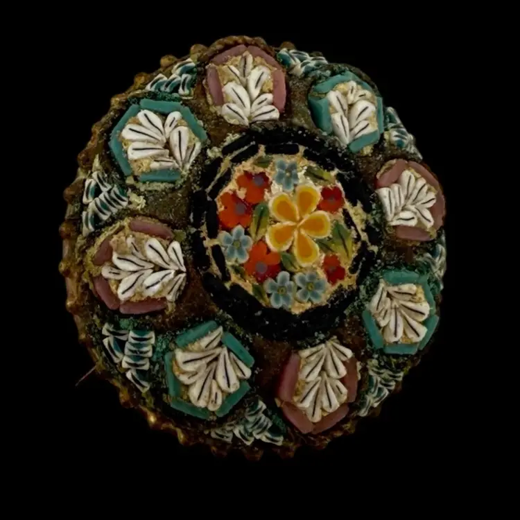 Antique Round Floral Brooch Fine Micro Mosaic 1 1/4"
