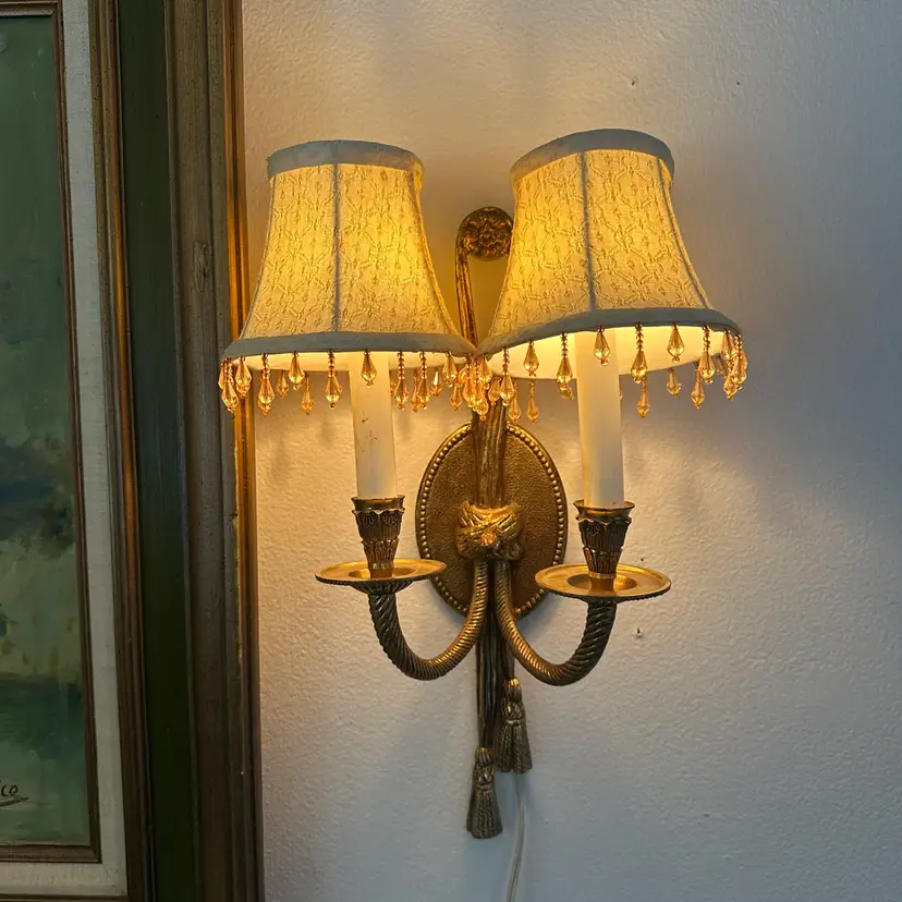 Late 20th Century 2 Light Brass Empire Sconce With Shades Made in Spain