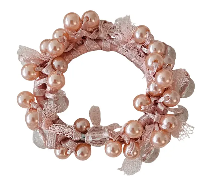 Pink Bead, Ribbon Bun Wrap, Pony Holder Wristlet L518