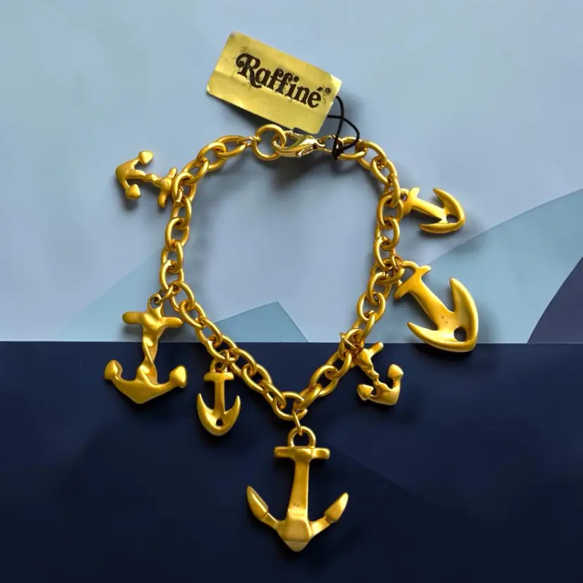Rare Vintage Raffine Brushed Goldtone Anchor Nautical Bracelet