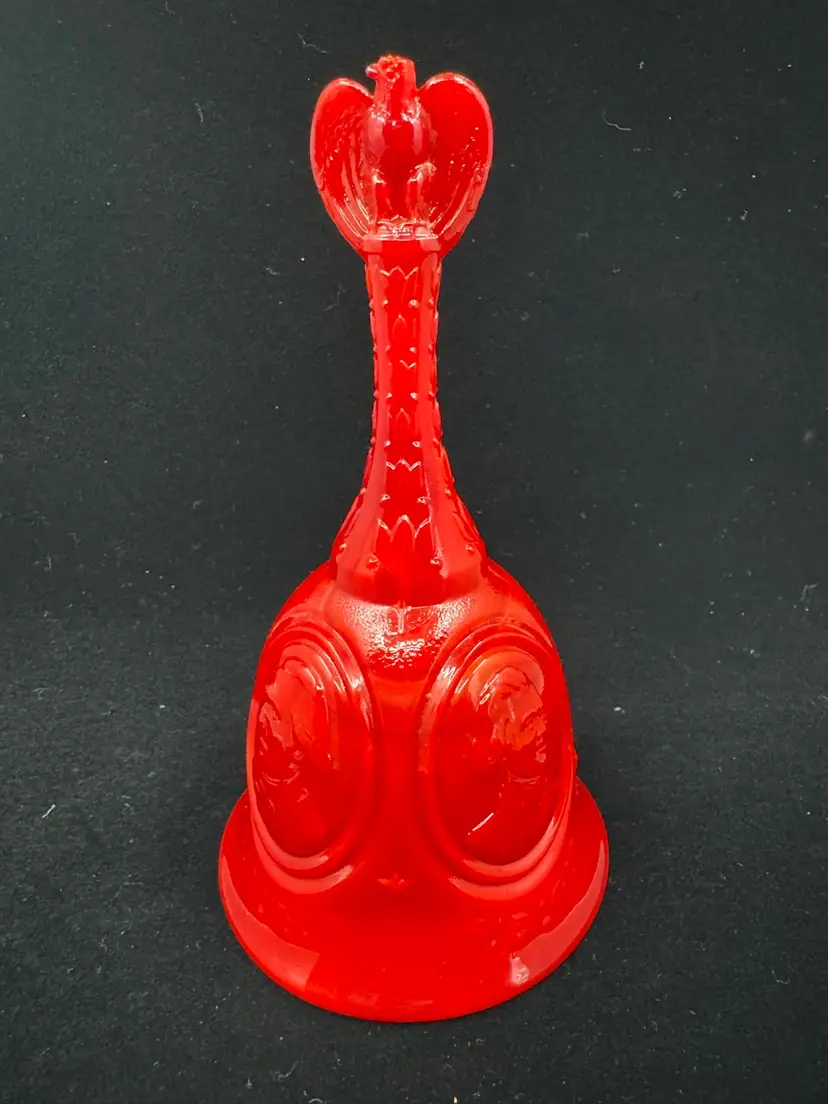Red slag glass Fenton Bicentennial Bell with eagle and presidential profiles, 1976, GLOWS!!!