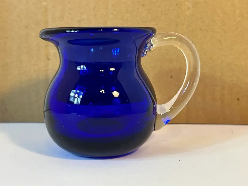 Cobalt Blue Hand Blown Art Glass Creamer Pitcher Clear Applied Handle