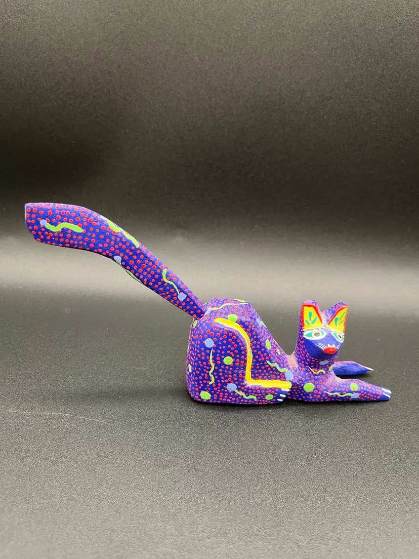 #03 Purple Wooden Oaxaca Mexico Alebrije Hand Painted Mexican Folk Art Cat 4”🐈‍⬛