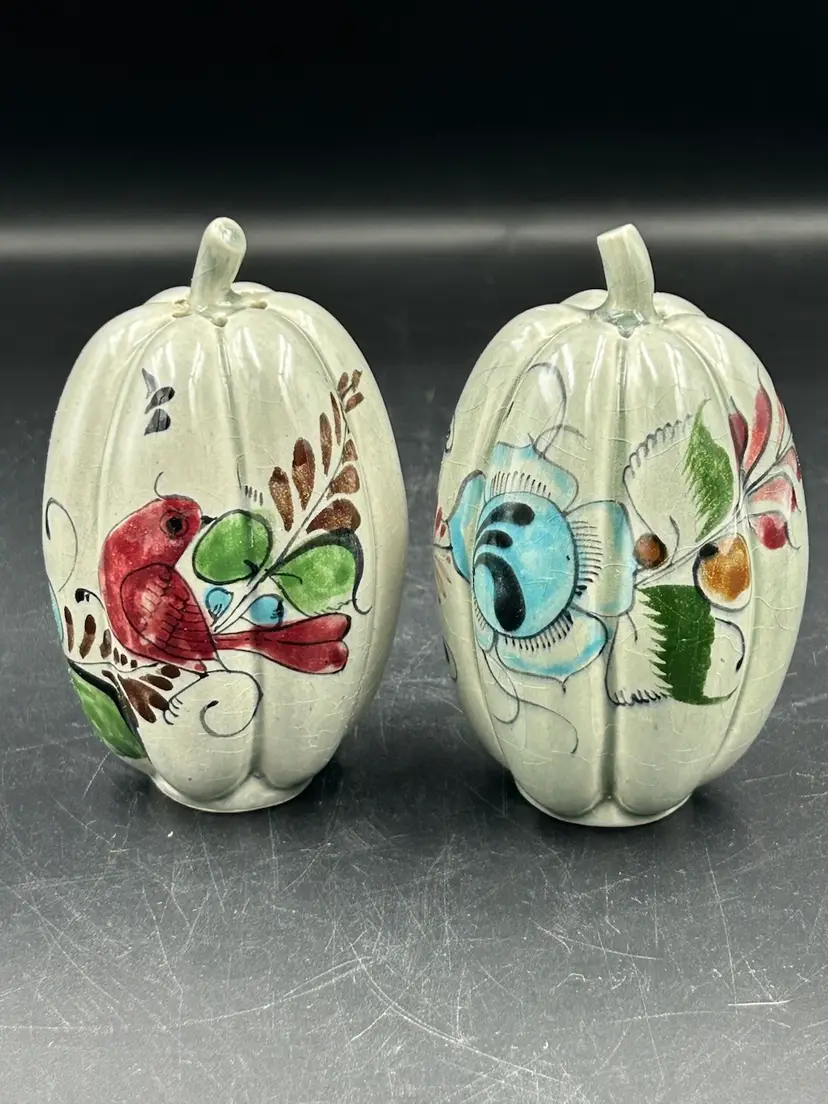 Vintage Hand Painted Tonala Ceramic Pumpkin Shaped Salt And Pepper, Shakers, Floral, And Bird Design
