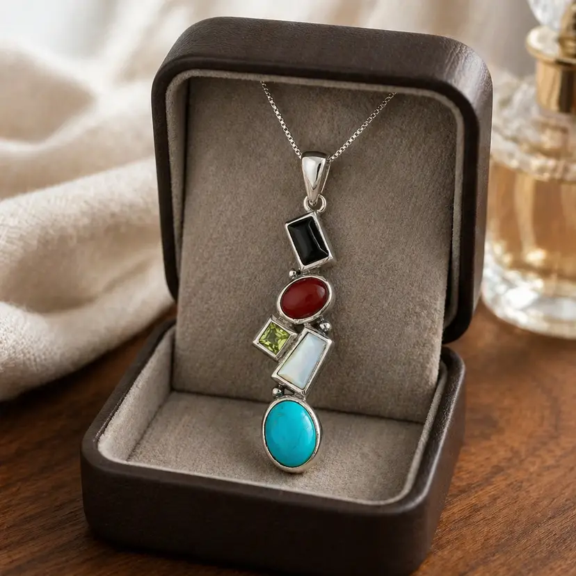 Slerling Silver & Multi Gemstone Pendant, Made in Thailand, 1.5"