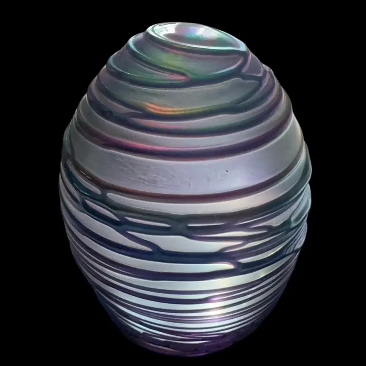 Iridescent Peacock Colored Threaded Glass Egg Paperweight