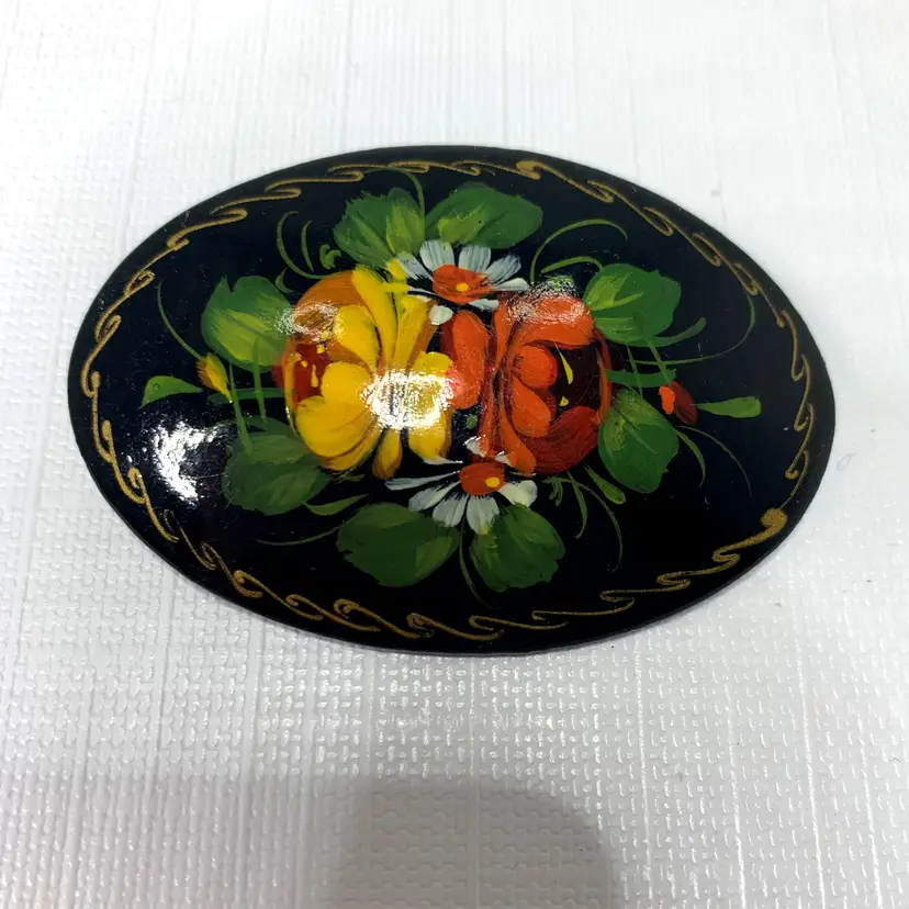 Signed Black Lacquered Roses Brooch Russian Pin Wood Hand Painted Vintage