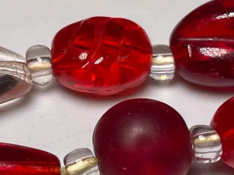 Retro Cherry Red Pressed Glass clear & frosted 3 strand necklace Germany Stamp