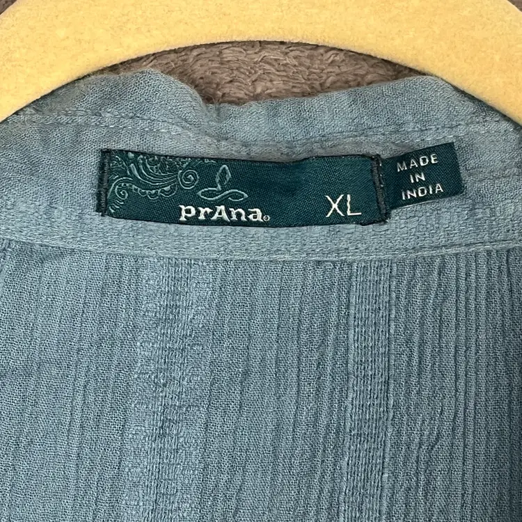 prAna Shirt Women’s XL Blue Blouse Organic Cotton Button Front Short Sleeve Boho Top