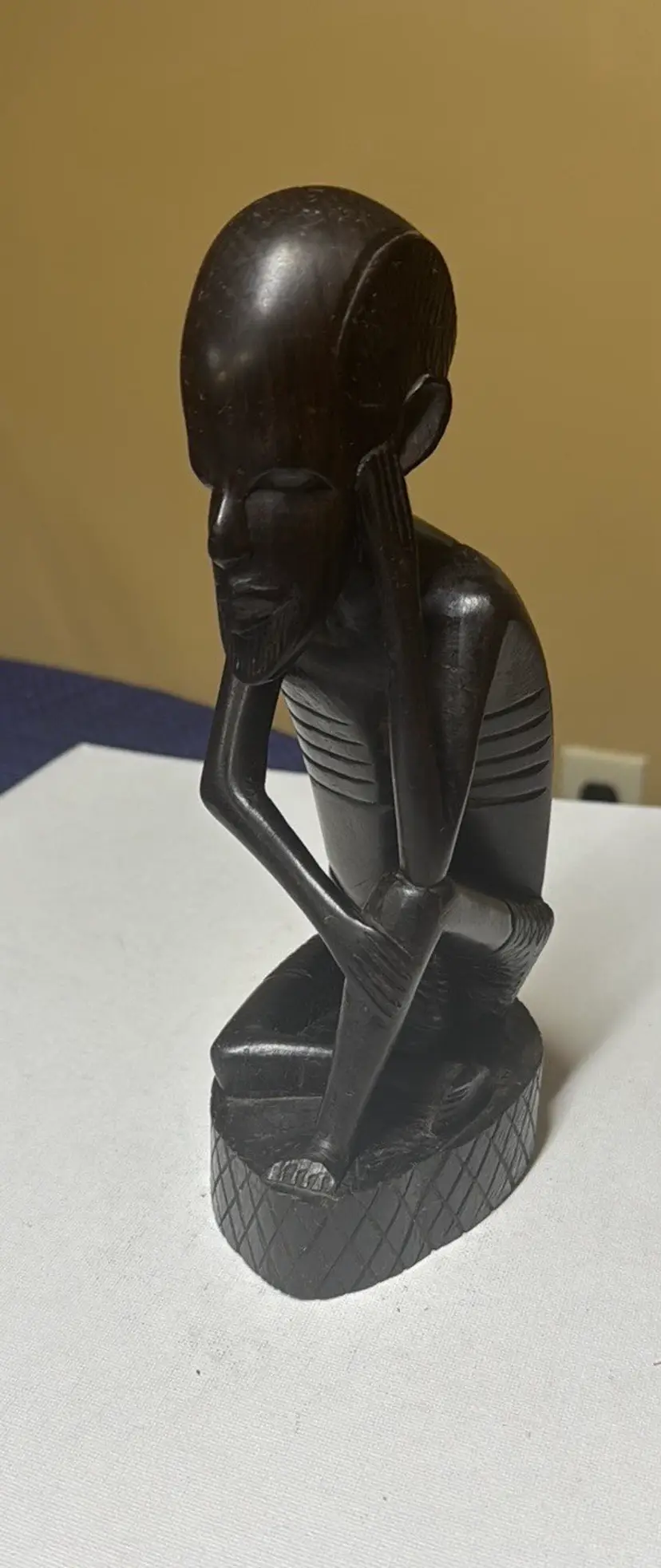 Tanzania Ebony African Man Statue Sitting & Thinking Hand Carved 9” Tall