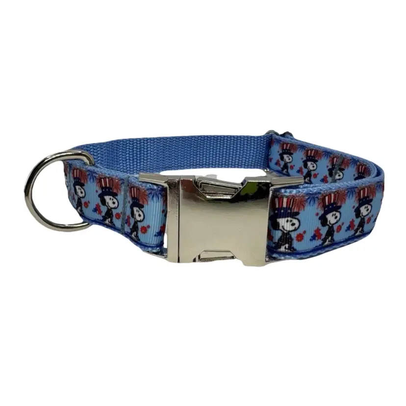 Dog Collar Blue Snoopy Peanuts 4th Of July Large Handmade Heavy Duty Metal Buckle New