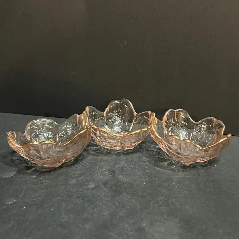 Set of 3 Small Pink Iridescent Floral Bowls Gold Rim ~1.5” x 3.25” diameter Each