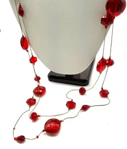 Art Glass Bead 2 Strand Necklace, Red Floating Glass,Faceted Shaped Beads,Holiday Wear