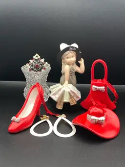 Fashionista Finds Vignette! Vintage Diamond Point Toothpick Holder (2 1/2” Tall) Vintage 1999 Bahner Studios AG Shopping Little Lady (4” Tall 2 1/2” Wide READ 2 Chips On Hat, If You Repaint  Not Noticeable) Vintage Single Rhinestone Clip On Earring (1 1/2”) Clip On Drop Earrings (2” Drop) 3 Pc Ornaments (Purse 3 1/2” Tall 2 1/4” Wide, Hat 1 1/4” Tall 2 1/2” Wide, Shoe 2” Tall 2 3/4” Long)