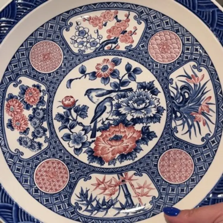 Vintage Toyo 12” Porcelain Platter Plate Cobalt White Red Chrysanthemum Japan