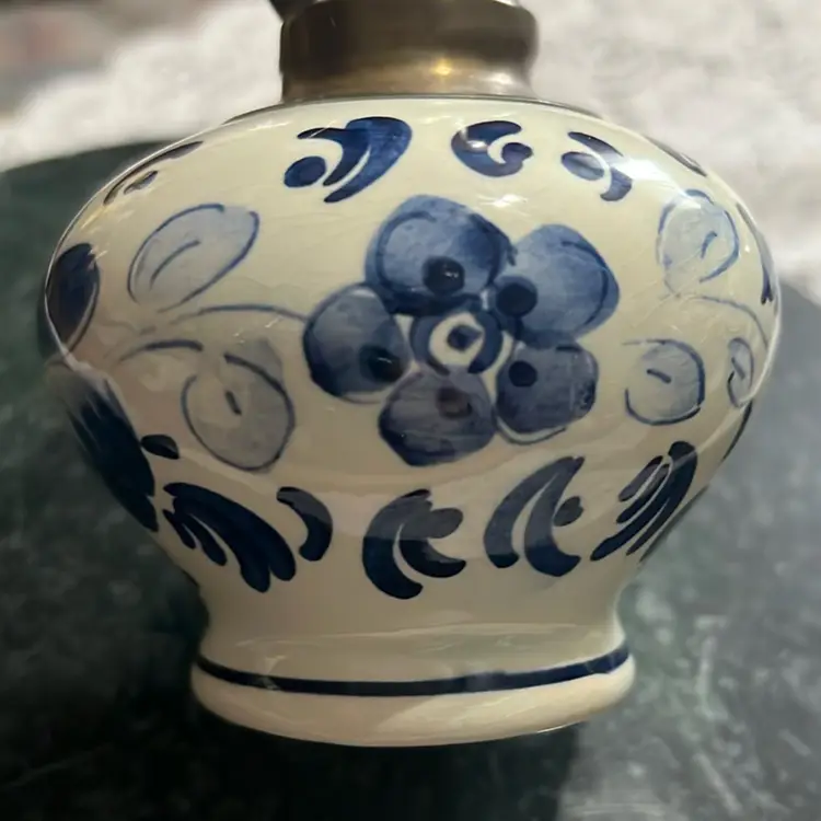 Vintage Delfy's blue and white porcelain Brass pitcher with floral decoration. Netherlands 6” Marked Excellent Condition Holland Delft