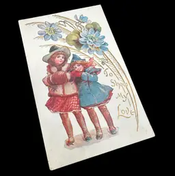“To My Love” Lovely Ladies Winter Frocks And Vines Antique Valentine Postcard, Unmarked Unposted