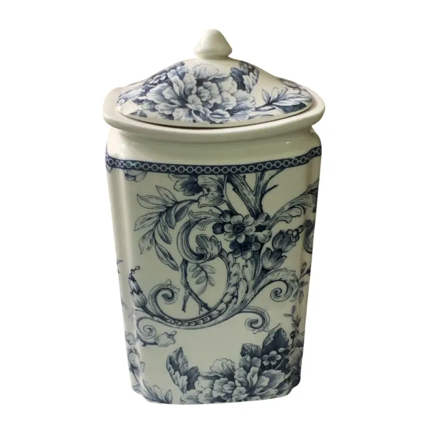 Vintage 222 Fifth Large Blue Birds & Blooms Adelaide Porcelain China Canister 10.5” “READ”