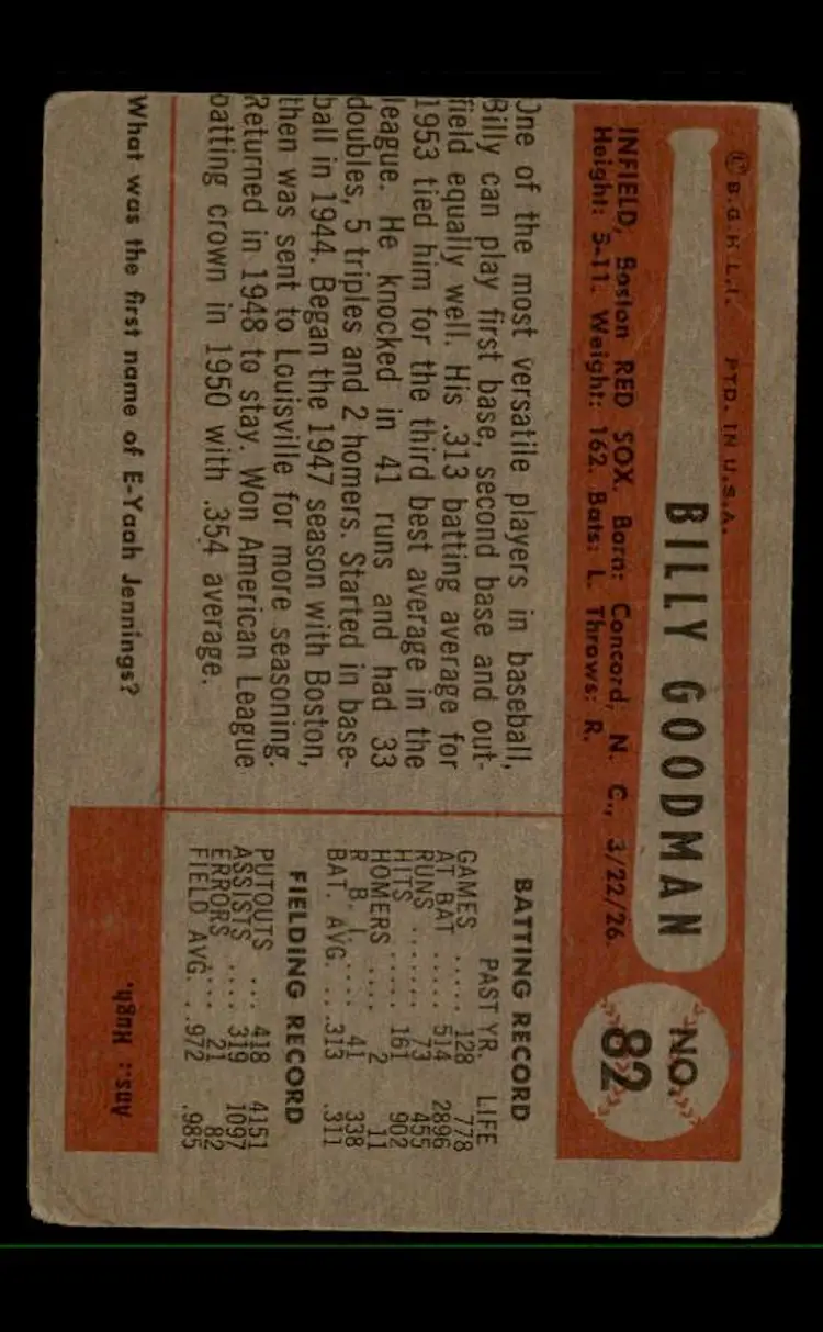 1954 Bowman #82b Billy Goodman - (pk-tl3) - Boston Red Sox
