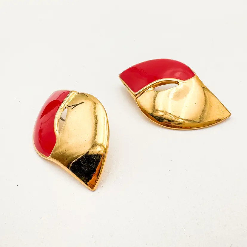 Vintage Gold Tone Red Enamel Pierced Earrings 2" x 1" B25