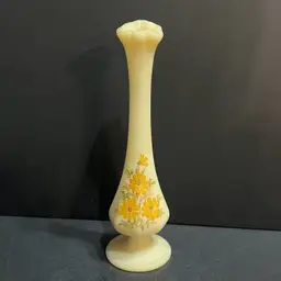 Fenton Hand Painted Floral Custard Satin Glass Bud Vase, Signed ~8” x 2.5” diameter