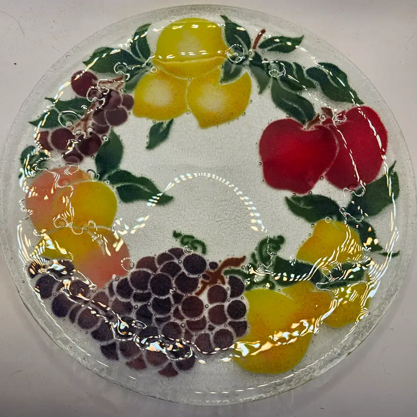 Peggy Karr fused glass plate fruit lemons apples grapes 11" Signed