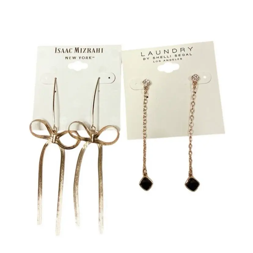2 Pair-Isaac Mizrahi Gold Bow And Dangle Drop Earrings