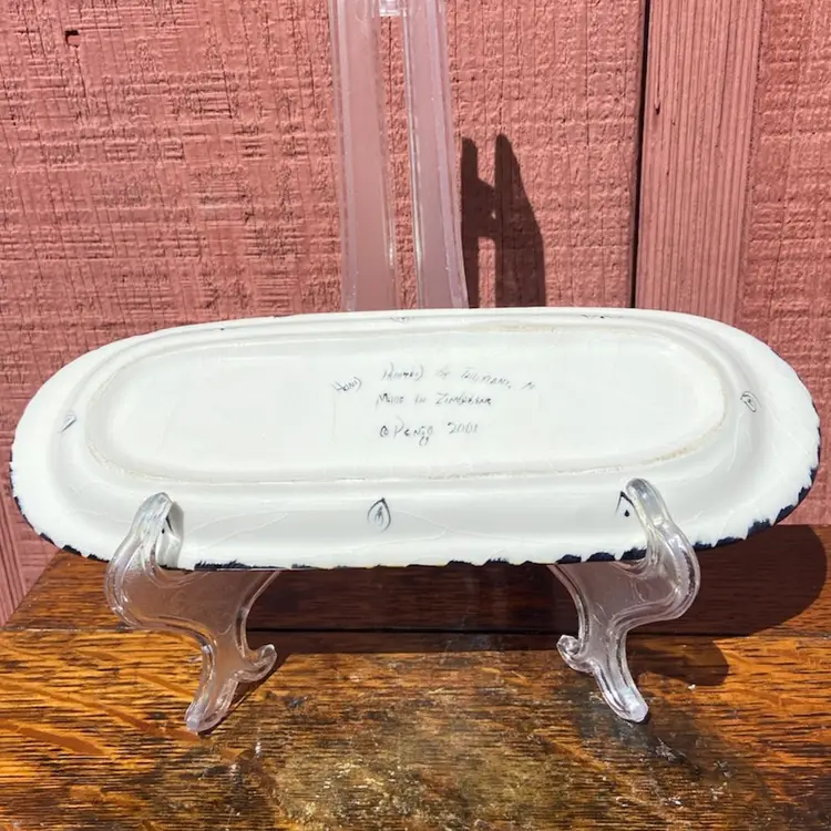 Handpainted Trinket Dish Or Eyeglass Holder. Decorated With Butterflies, Colorful Ladybugs And A Bee. 9”l. Made In Zimbabwe (?).