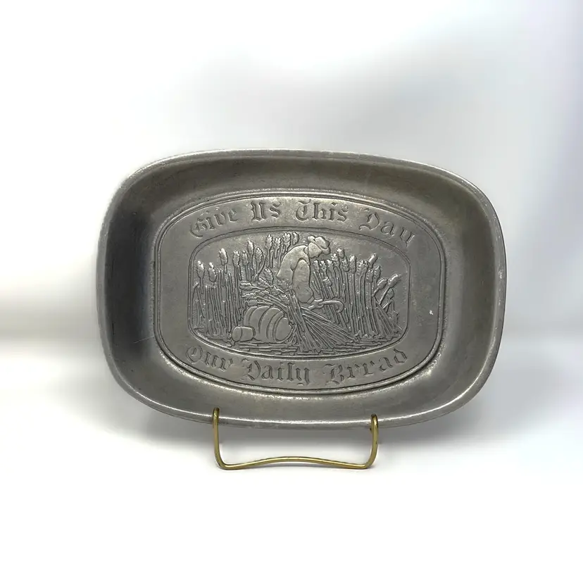 Vintage CC Cantrell Inscribed Pewter Bread Dish, Give Us This Day Our Daily Bread, Made in Mexico, 1970s (0074-24)