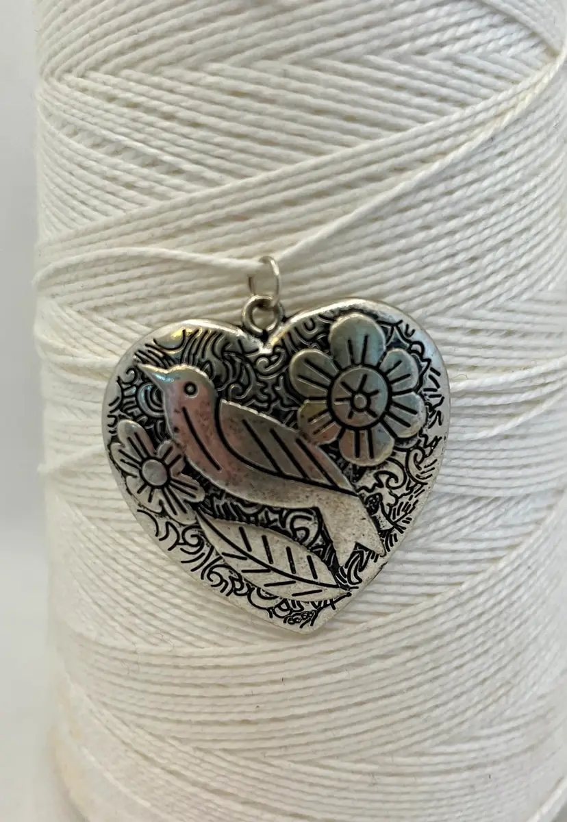 Silver Tone Metal Floral Bird Leaf Heart Pendant 2”