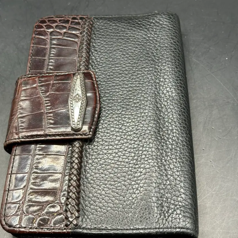 Brighton Pebbled Leather Croc Embossed Bi-Fold Checkbook Wallet Chocolate/Black