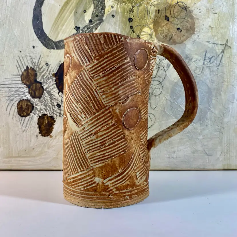 Artist Signed BEER MUG Art Studio Pottery MUD TT Handmade Textured Stoneware VTG