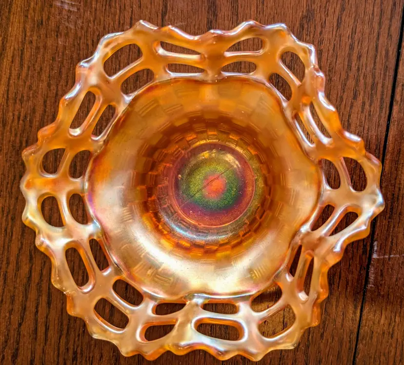FENTON Marigold Iridescent Carnival Glass Open Lace Basket Weave Bon Bon Dish Pre 1973
