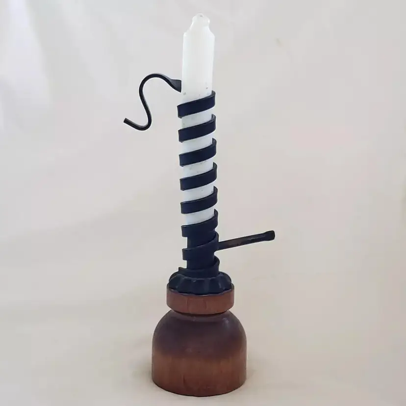 Courting Candle Holder Wood & Wrought Iron Adjustable Spiral 9” without any candle Vintage