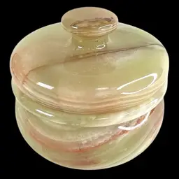3” Green Onyx (Calcite) Crystal Stone Jar. Made In Pakistan. Lovely Jewelry Trinket Storage Box. ^RIM CHIPPED^