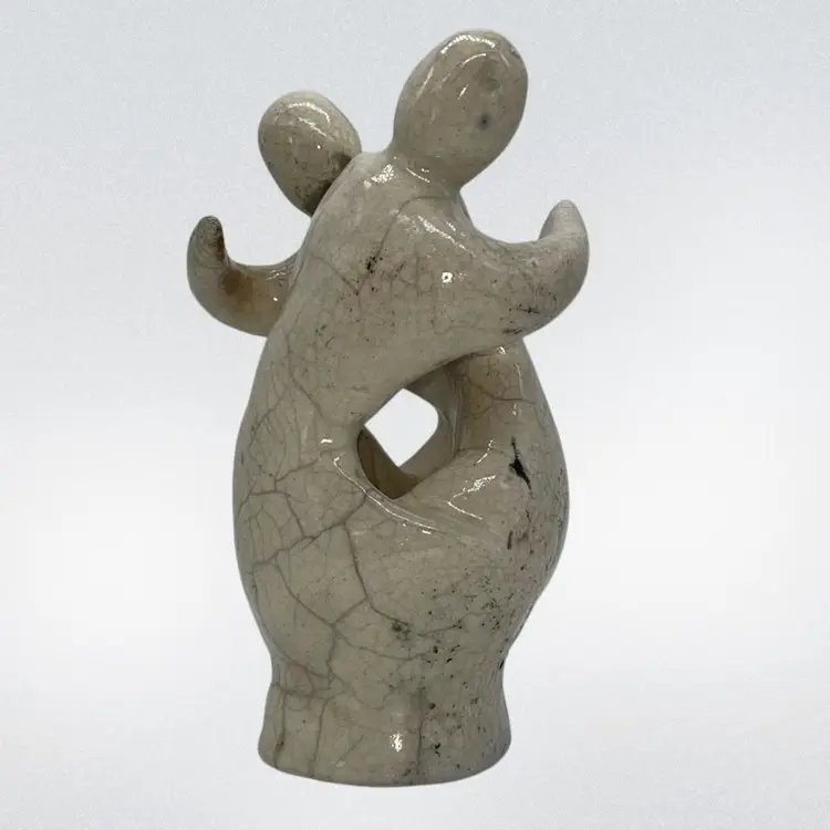Sculptured Raku Love Art Of Two People Hugging 7.25"