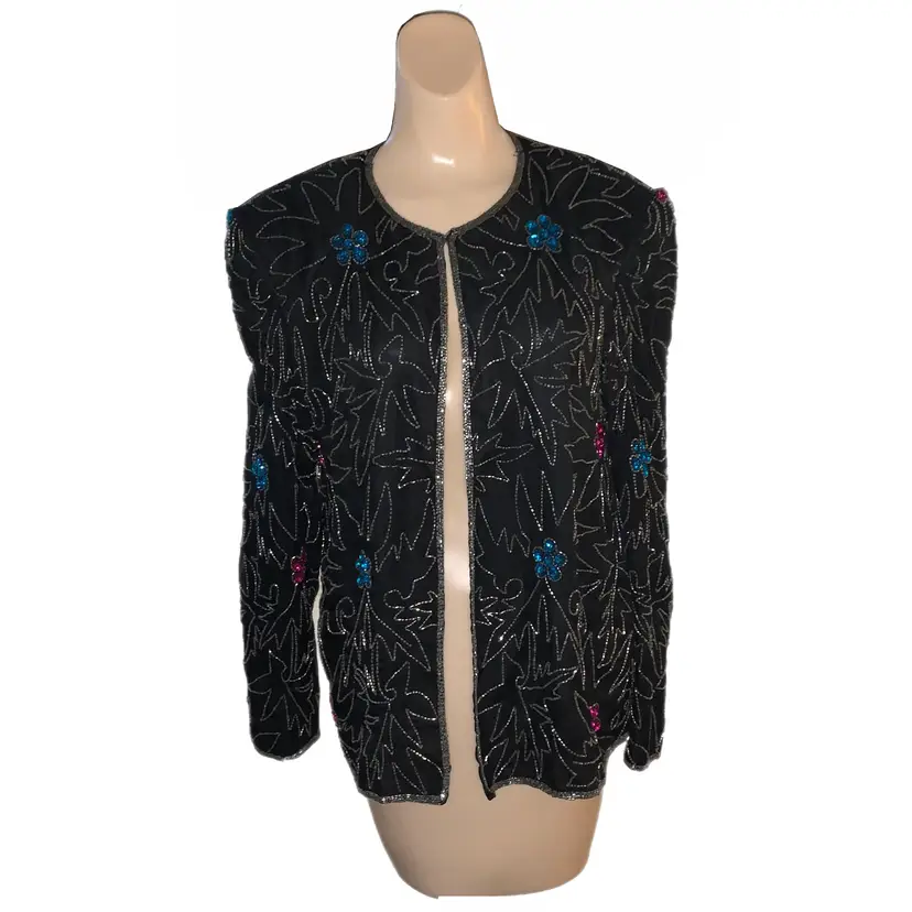 Silk Beaded Sequin Open Jacket Vintage 80s 90s Boho Retro Cocktail Blazer Small