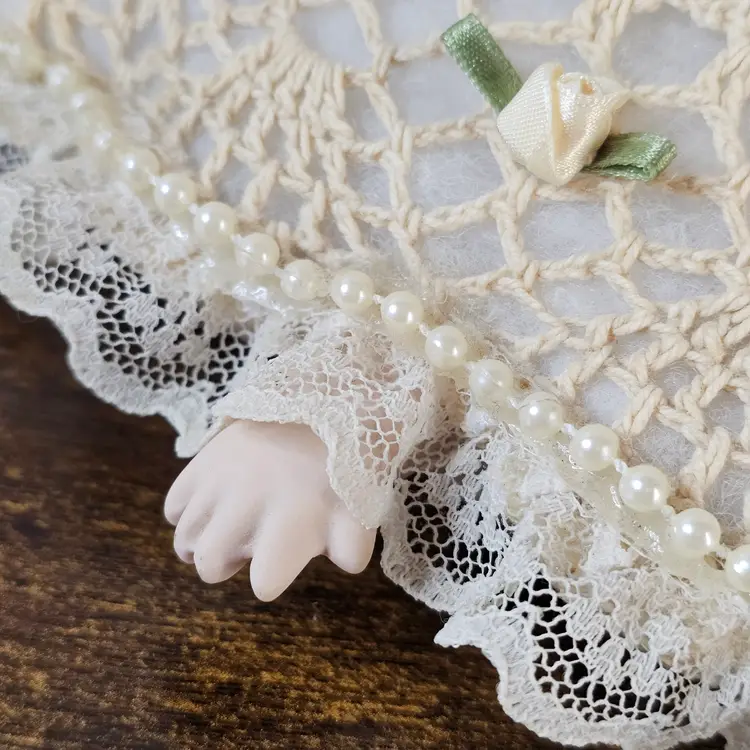 Vintage Kewpie Pillow Doll Bisque Head & Limbs Crochet Lace Skirt Pearls Roses Shabby Cottage Chic