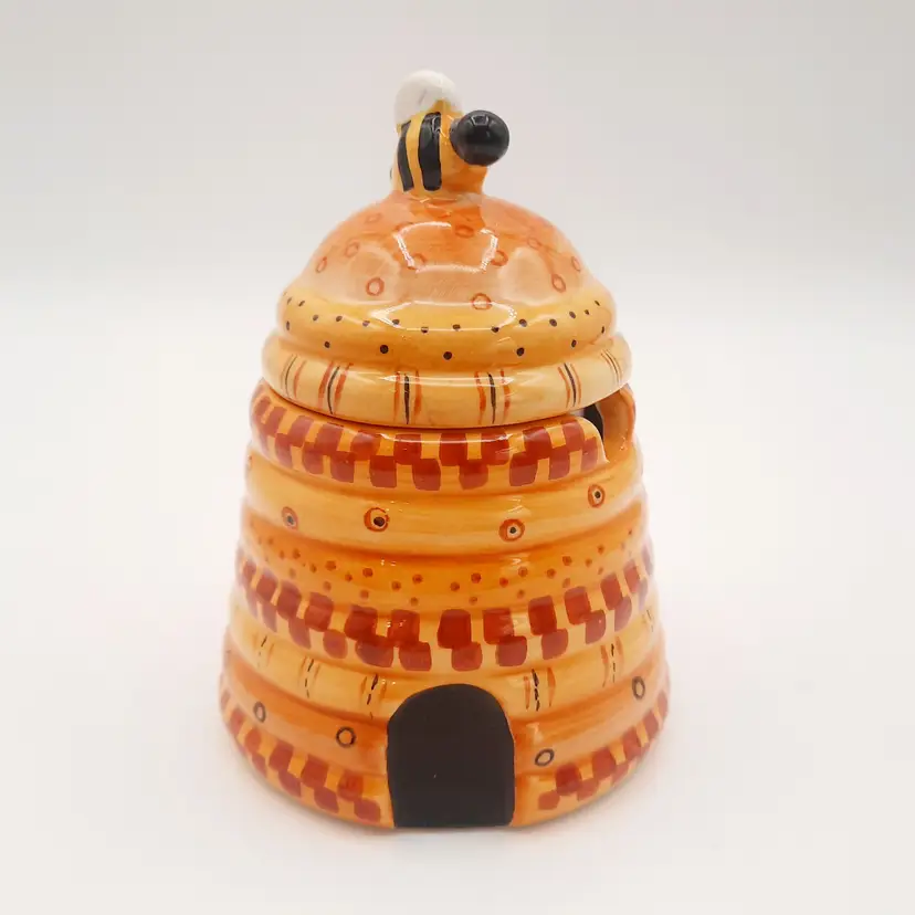 Beehive Bee Honeypot Jar Orange Yellow Red Ceramic Lidded No Spoon