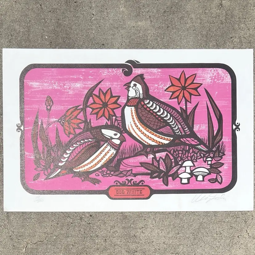 Signed Limited Edition Bobwhite Quail Print Pink Folk Art Bird Artwork 118/500
