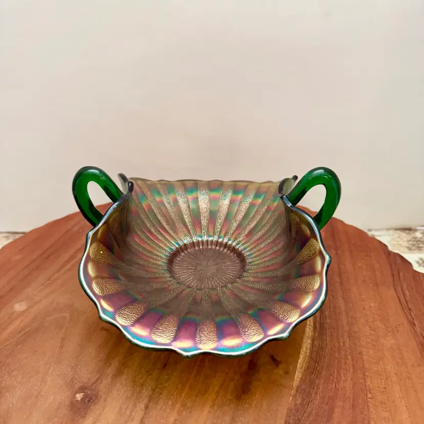 Antique Fenton Green Carnival Glass Stippled Rays Double Handle Bon Bon Candy Dish