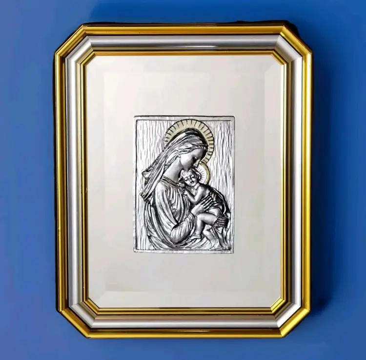 925K Sterling MCM Virgin Mary w Child Wall Mirror Religious Italy 16 X 14 HTF