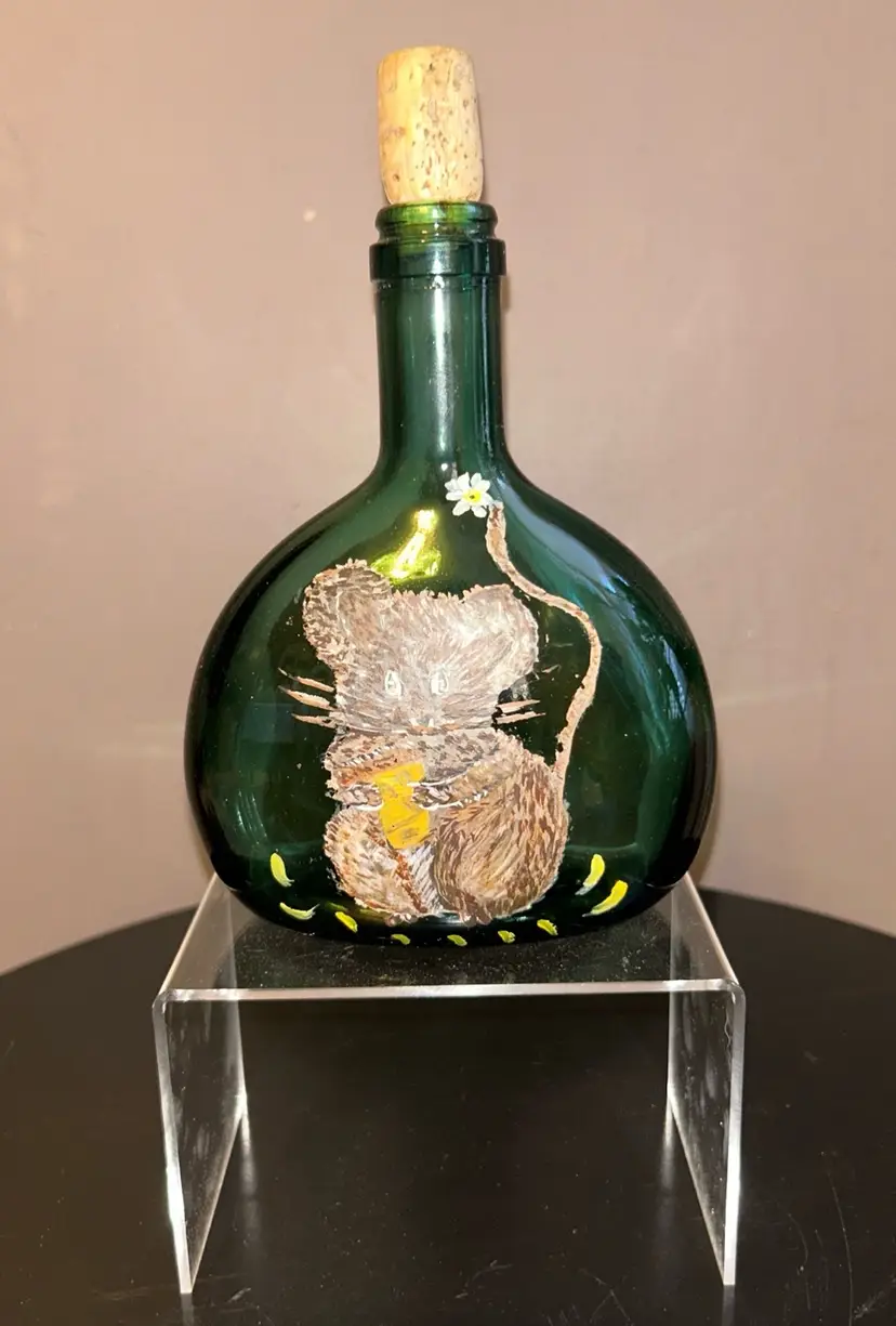 Vintage Unique Hand Painted Green Glass Bottle With Cork Stopper, Mouse