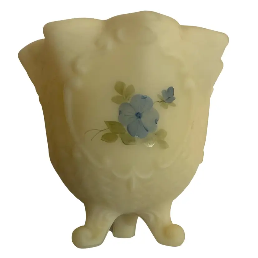 Vintage vFenton Cameo Custard Glass Footed Satin Glass Bowl Vase With Hand painted ADogwood Flowers. Signed By Linda M. Approximately 4.5” Tall 4.75” Diameter
